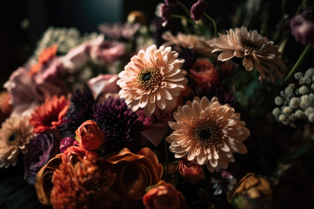 Colorful mixed flower bouquet background, beautiful, vivid. Generative AI.の素材