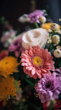 Colorful mixed flower bouquet background, beautiful, vivid. Generative AI.の素材