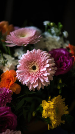Colorful mixed flower bouquet background, beautiful, vivid. Generative AI.の素材