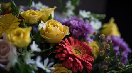 Colorful mixed flower bouquet background, beautiful, vivid. Generative AI.の素材