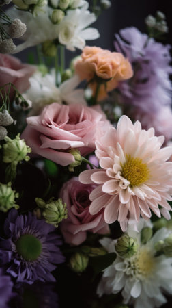 Colorful mixed flower bouquet background, beautiful, vivid. Generative AI.の素材
