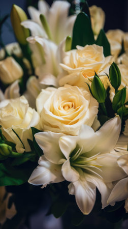 Colorful mixed flower bouquet background, beautiful, vivid. Generative AI.の素材