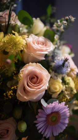 Colorful mixed flower bouquet background, beautiful, vivid. Generative AI.の素材