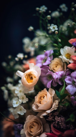 Colorful mixed flower bouquet background, beautiful, vivid. Generative AI.の素材