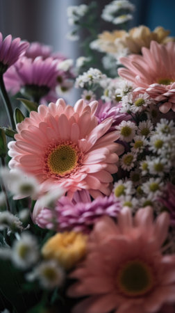 Colorful mixed flower bouquet background, beautiful, vivid. Generative AI.の素材