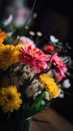 Colorful mixed flower bouquet background, beautiful, vivid. Generative AI.の素材