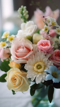 Colorful mixed flower bouquet background, beautiful, vivid. Generative AI.の素材