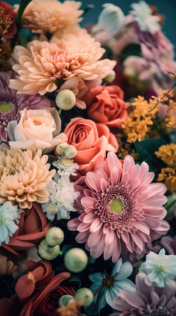 Colorful mixed flower bouquet background, beautiful, vivid. Generative AI.の素材