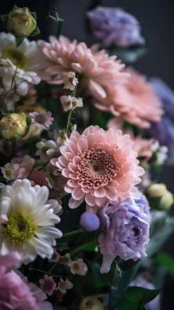 Colorful mixed flower bouquet background, beautiful, vivid. Generative AI.の素材