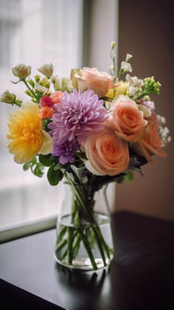 Colorful mixed flower bouquet background, beautiful, vivid. Generative AI.の素材