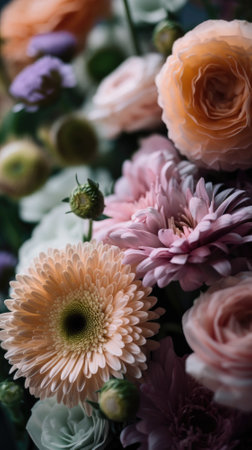 Colorful mixed flower bouquet background, beautiful, vivid. Generative AI.の素材
