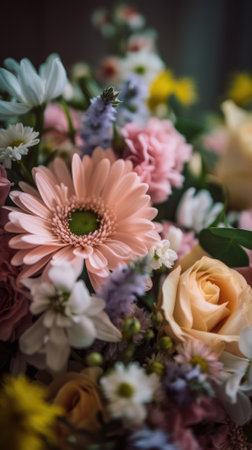 Colorful mixed flower bouquet background, beautiful, vivid. Generative AI.の素材