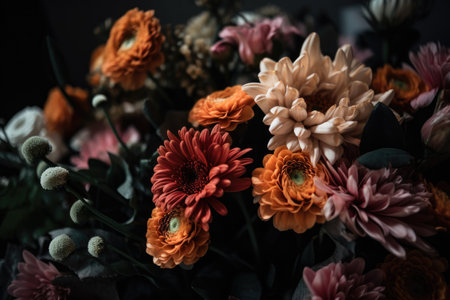 Colorful mixed flower bouquet background, beautiful, vivid. Generative AI.の素材
