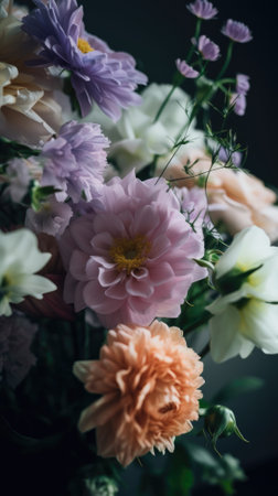 Colorful mixed flower bouquet background, beautiful, vivid. Generative AI.の素材