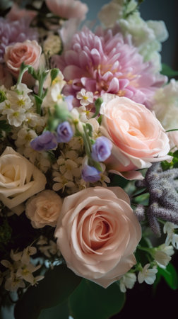 Colorful mixed flower bouquet background, beautiful, vivid. Generative AI.の素材