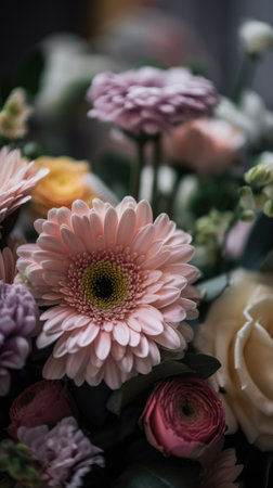 Colorful mixed flower bouquet background, beautiful, vivid. Generative AI.の素材