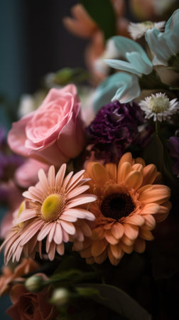 Colorful mixed flower bouquet background, beautiful, vivid. Generative AI.の素材