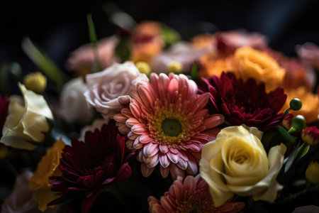 Colorful mixed flower bouquet background, beautiful, vivid. Generative AI.の素材