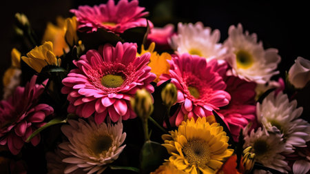 Colorful mixed flower bouquet background, beautiful, vivid. Generative AI.の素材