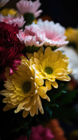 Colorful mixed flower bouquet background, beautiful, vivid. Generative AI.の素材