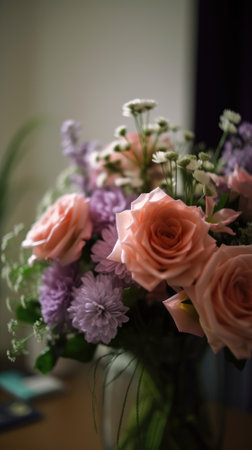 Colorful mixed flower bouquet background, beautiful, vivid. Generative AI.の素材