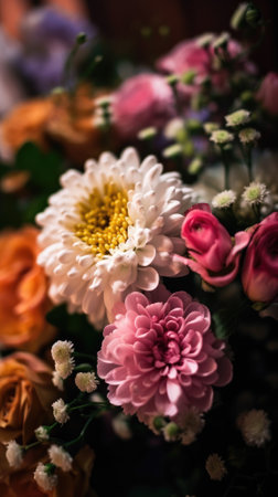 Colorful mixed flower bouquet background, beautiful, vivid. Generative AI.の素材