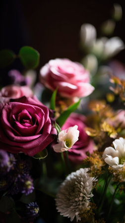 Colorful mixed flower bouquet background, beautiful, vivid. Generative AI.の素材