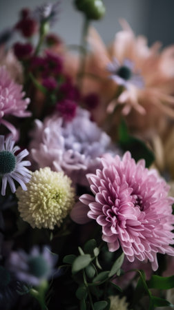 Colorful mixed flower bouquet background, beautiful, vivid. Generative AI.の素材