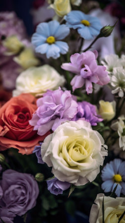 Colorful mixed flower bouquet background, beautiful, vivid. Generative AI.の素材