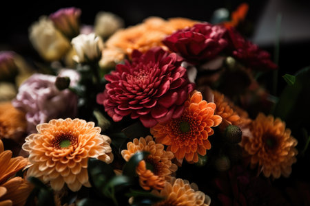 Colorful mixed flower bouquet background, beautiful, vivid. Generative AI.の素材