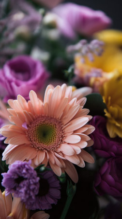 Colorful mixed flower bouquet background, beautiful, vivid. Generative AI.の素材