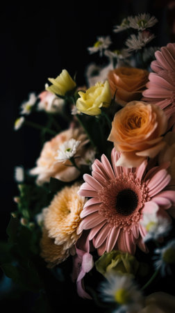 Colorful mixed flower bouquet background, beautiful, vivid. Generative AI.の素材