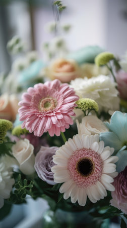 Colorful mixed flower bouquet background, beautiful, vivid. Generative AI.の素材