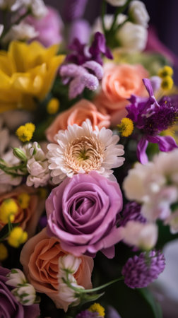 Colorful mixed flower bouquet background, beautiful, vivid. Generative AI.の素材