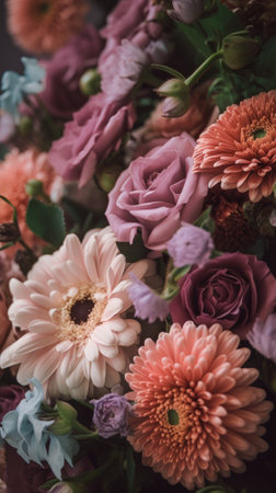 Colorful mixed flower bouquet background, beautiful, vivid. Generative AI.の素材