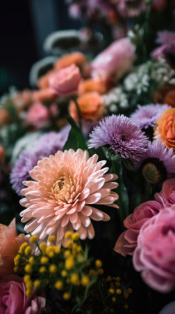 Colorful mixed flower bouquet background, beautiful, vivid. Generative AI.の素材
