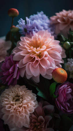 Colorful mixed flower bouquet background, beautiful, vivid. Generative AI.の素材