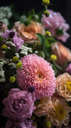 Colorful mixed flower bouquet background, beautiful, vivid. Generative AI.の素材
