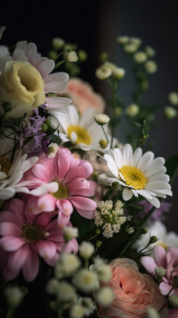Colorful mixed flower bouquet background, beautiful, vivid. Generative AI.の素材