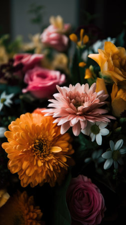 Colorful mixed flower bouquet background, beautiful, vivid. Generative AI.の素材