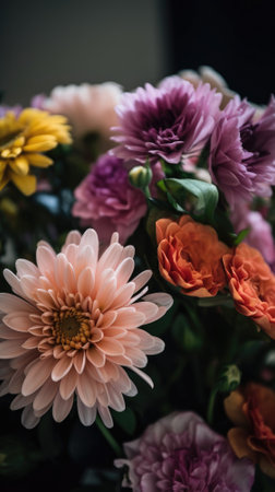 Colorful mixed flower bouquet background, beautiful, vivid. Generative AI.の素材