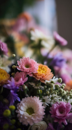 Colorful mixed flower bouquet background, beautiful, vivid. Generative AI.の素材