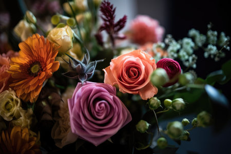 Colorful mixed flower bouquet background, beautiful, vivid. Generative AI.の素材