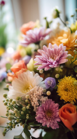 Colorful mixed flower bouquet background, beautiful, vivid. Generative AI.の素材