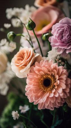 Colorful mixed flower bouquet background, beautiful, vivid. Generative AI.の素材