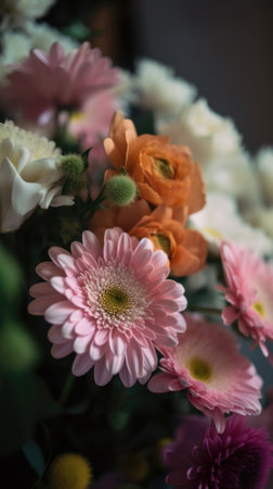 Colorful mixed flower bouquet background, beautiful, vivid. Generative AI.の素材