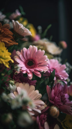 Colorful mixed flower bouquet background, beautiful, vivid. Generative AI.の素材