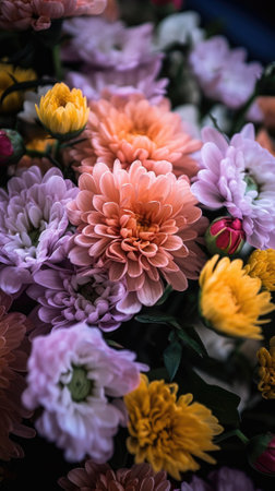 Colorful mixed flower bouquet background, beautiful, vivid. Generative AI.の素材