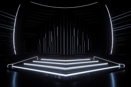 Black stage background with neon lamp. Glowing futuristic product display stand podium Against Background, neon geometric shape for product display presentation. Generative AI.の素材