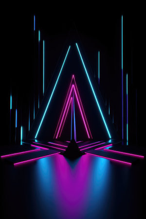 Black stage background with neon lamp. Glowing futuristic product display stand podium Against Background, neon geometric shape for product display presentation. Generative AI.の素材